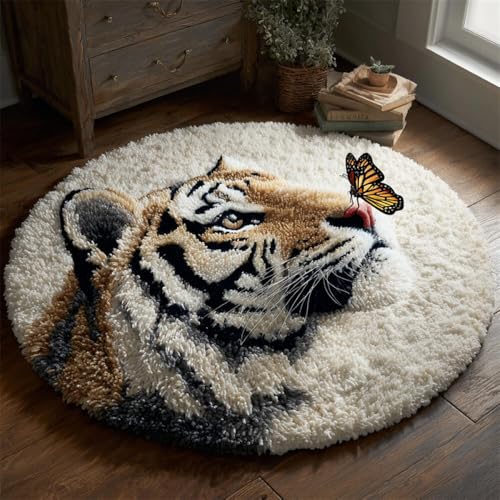Kitquiver Tier Knüpfteppich Set Tiger Und Schmetterling Knüpfset Für AnfängerGobelin-Teppich-Set Für ErwachseneSelbstknüpfendes SetsDiy-Bastelsets 50x50cm