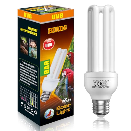 GlowUp UVB 2.4 Bombilla para aves, 2.4 UVB Lámpara para Pájaros 20W E27 Bombilla para Pájaros, Loros, Reptiles