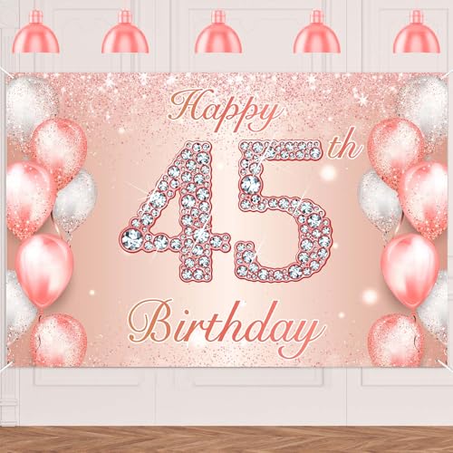 Image of Happy 45th Birthday Rose Gold Banner Cheers to 45 Years Old Backdrop Confetti Balloons Theme Decor for Women 45 Years Old Pink Birthday Party Decorations Bday Supplies Background Favors Gift Glitter