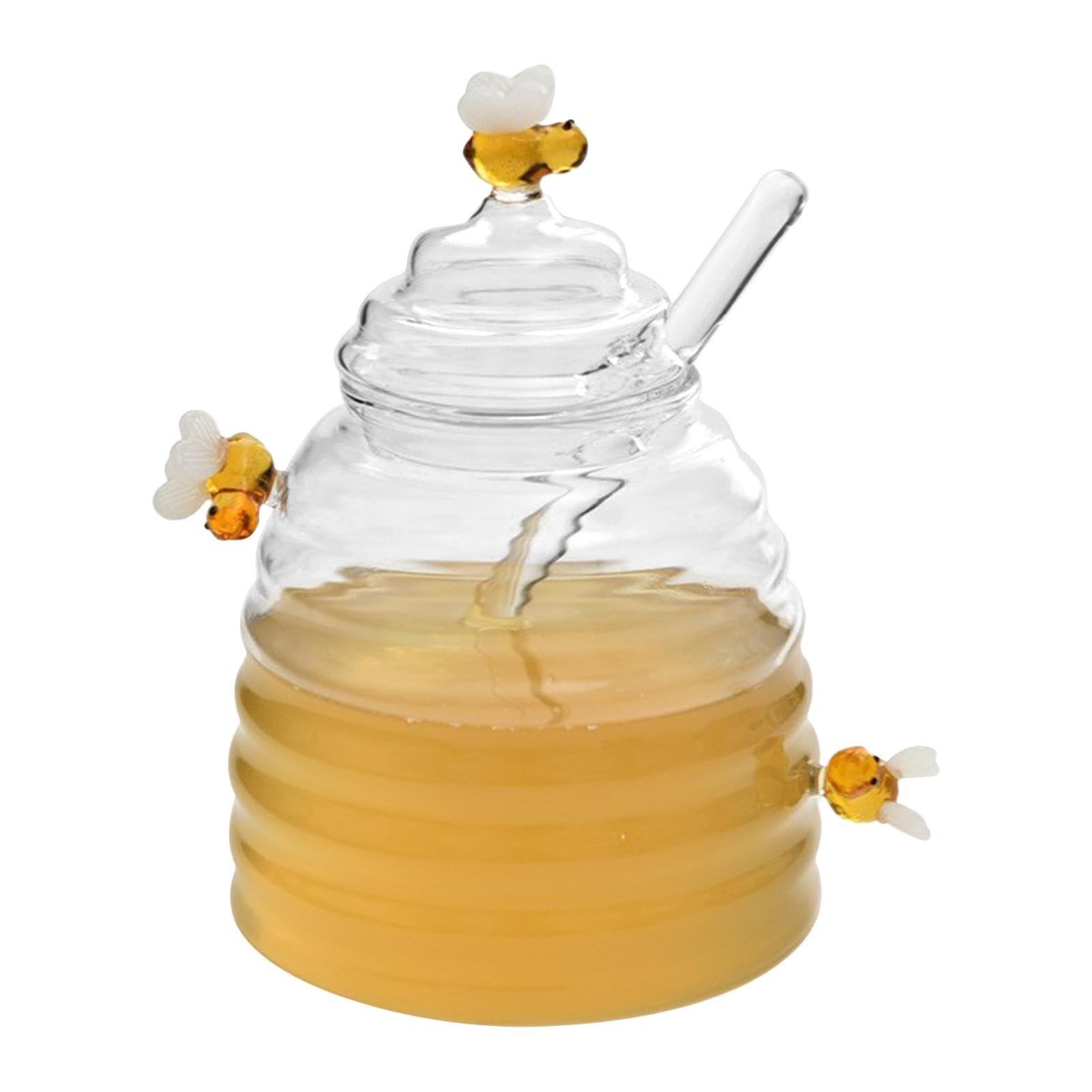 Jomewory Transparent Honey Dispenser With Dipper, Glass Honey Syrup Pot, Farmhouse Kitchen Decor Honey Holder, Beehive Honey Dish For Honey, Syrup, Jam