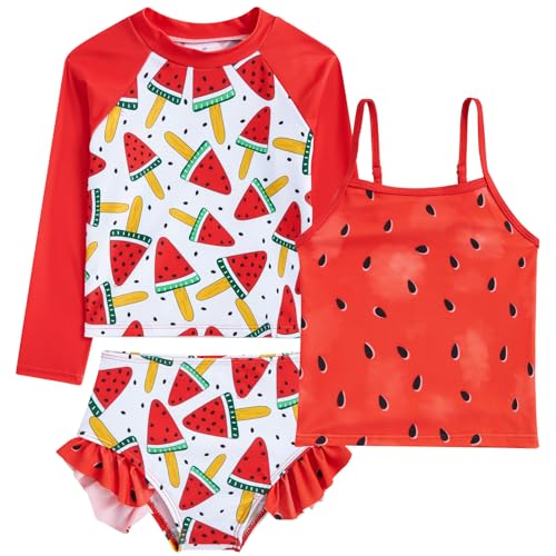 Image of Funnycokid Girls Swimsuit 3 Pieces Long Sleeve Rash Guard Set Tankini Bathing Suits Summer Kids Swimwear 3-10 Years