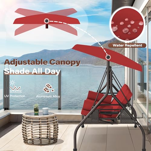 Image of SUNCROWN Outdoor 3 in 1 Porch Swing Chair, 3 Seat Patio Swing Glider with Adjustable Canopy, Heavy Duty Swings with Thickened Cushions, Pillows & Cup Holders for Backyard, Porch, Garden,Red