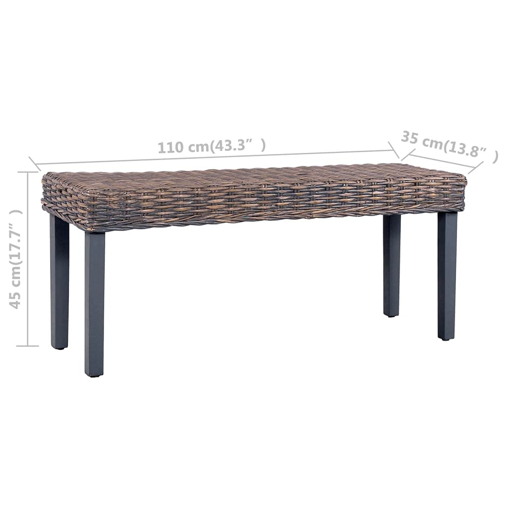 Banco de ratán Kubu, 110 cm, con patas de madera maciza de caoba, banco de pasillo en gris natural, estable y fácil de limpiar, carga máxima de 110 kg por asiento