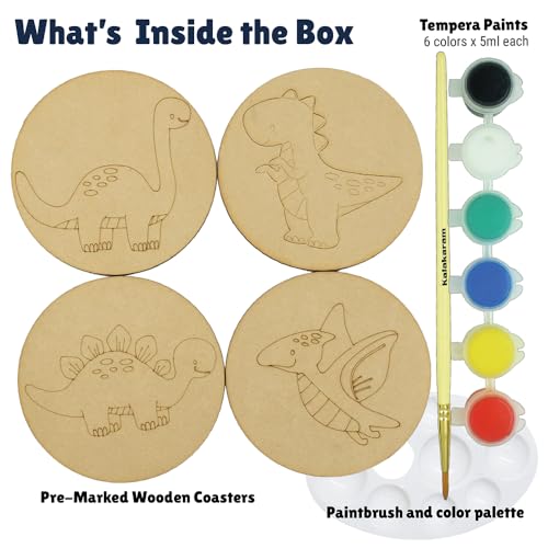 Image of Asian Hobby Crafts DIY Coaster Painting Kit - 4 Pre-Marked Coasters, Paint & Brush Set | Dinosaur Theme Art and Craft Kit for Kids & Adults (4-12) | Painting & Coloring Kit for Birthday Return Gift