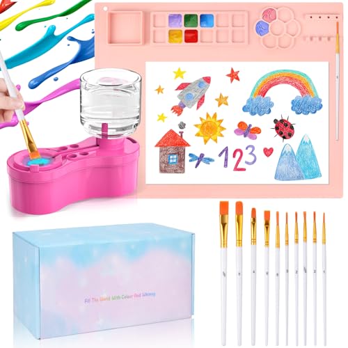 Image of Mikiwon Painting Station, Paint Brush Cleaner and Silicone Art Mat 20"X16" with 10 Paint Brushes, Paint Brush Rinser, Art Supplies Set (Pink)