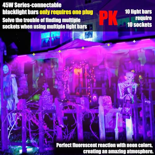 Image of 4 Pack 45W Series-connectable LED Black Light Bar, Scalable Blacklight with 6.6ft Cord+Switch, Each Light Up 26x26ft Glow in The Dark for Halloween Party Birthday Body Paint Fluorescent Poster