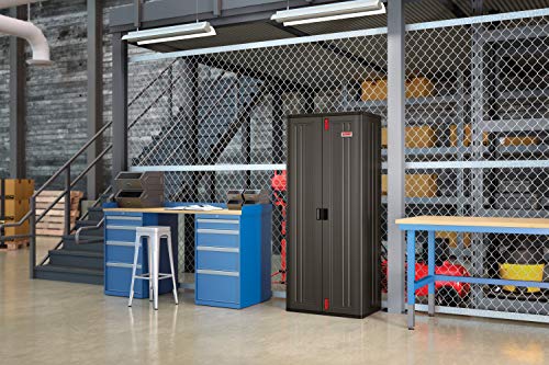Suncast 19 Cubic Ft. Heavy-Duty Resin Cabinet with Lockable Handles, Multi-Wall Construction, and Metal-Reinforced Shelves for Basement, Utility Room and Garage Storage, Black, Made in the USA