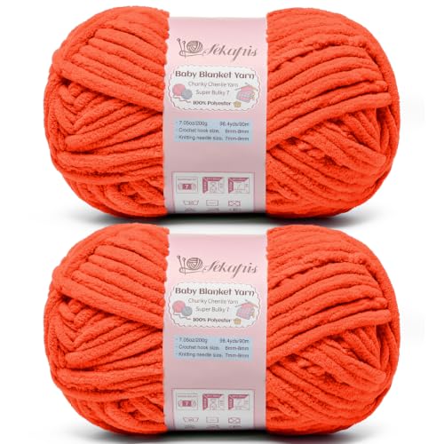 Image of 2 Pack Orange 14.1 oz /196.8 yds Chunky Chenille Yarn for Crocheting, #7 Super Bulky Baby Blanket Yarn for Crocheting Soft, Fluffy Velvet Yarn for Knitting, Amigurumi Crochet Yarn for Crafts