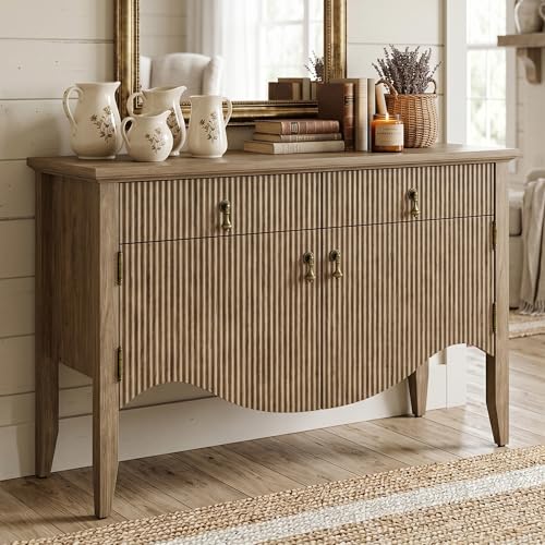Image of FUSUNBAO 40 inch Fluted Buffet Storage Cabinet, Sideboard Credenza,Light Oak | Retro,Storage Cabinet,Fluted Sideboard Credenza, 2 Drawer, Accent Bar Cabinet, For Living Room, Dining Room, Entryway