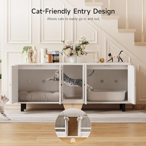 Image of ONBRILL 59 Inches Cat Litter Box Enclosure for 2 Cats, Hidden Litter Boxes Furniture with Cat Scratch Pad, Large Indoor Pet House with Double Room, Wooden TV Stand Side Table, Off White