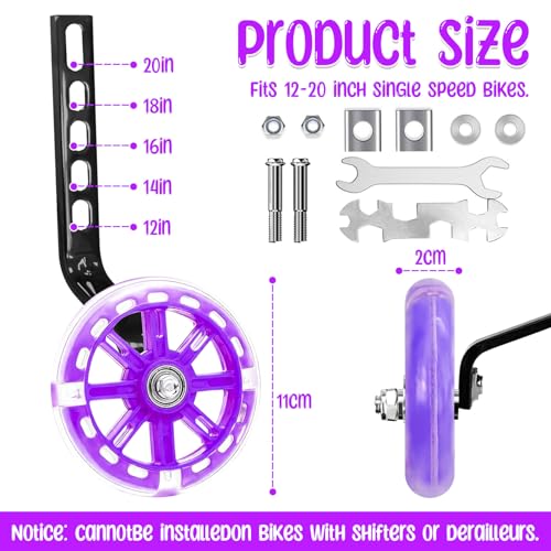 Idota Stützräder, Fahrrad Stützräder Kinderfahrrad Hilfsräder für Kinder mit Mute Flash Räder Einstellbare Sicherheitsstützräder Universal Hilfsräder für 12 14 16 18 20 Zoll Single Speed Bike - Lila