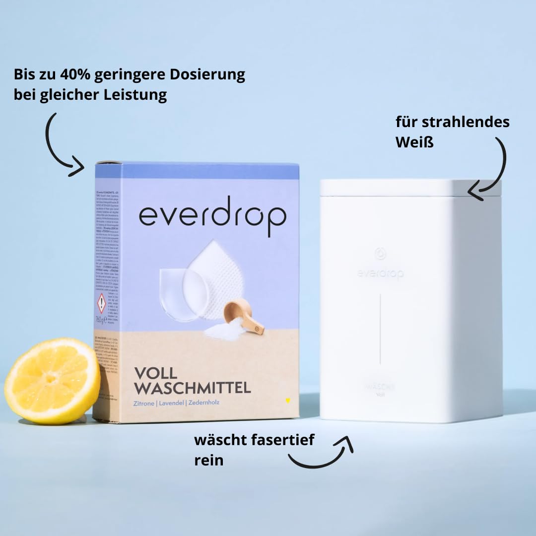 everdrop Vollwaschmittel Starter Set (38 Waschladungen + hochwertige Aufbewahrungsbox) - Strahlendes Weiß für saubere Wäsche (EU Ecolabel zertifiziert)