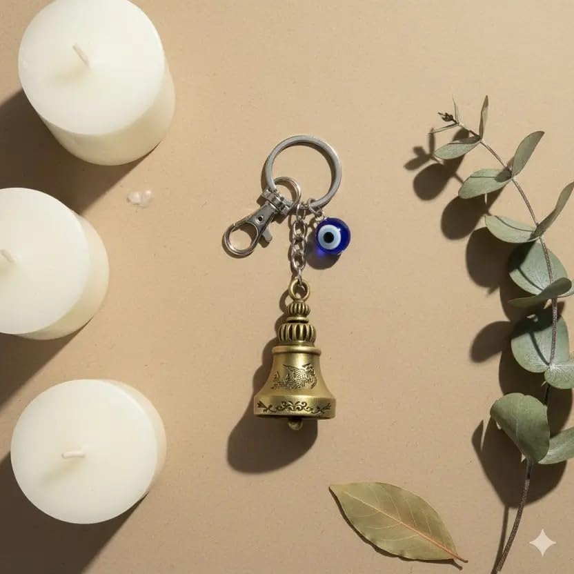 Image of Techpro Guardian Bell KeyChain Tibetan Key Chain Good Luck Key Chain For Bike (Golden Bell With Evil Eye)