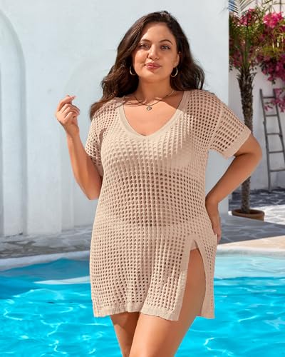 Charmo Plus Size Swimsuit Coverup for Women Side Split Crochet Beach Cover Ups Swimwear Short Sleeve Bathing Suit4