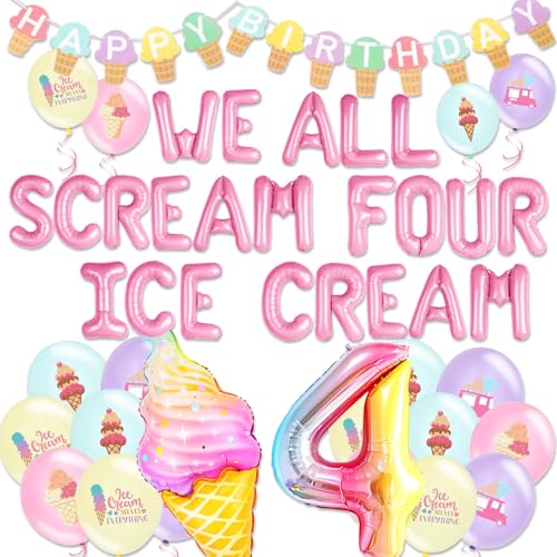 4th Birthday Decorations for Girls Ice Cream Party Supplies