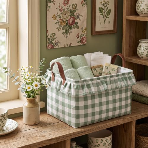 Image of Boao 1 Pcs Sage Green Ruffled Gingham Canvas Basket, Rectangular Organizing Decorative Storage Basket with Handle, Cute Farmhouse Home Decor for Nursery Room Bathroom Living Room