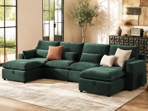 Image of WorthFurni Modern Modular Sectional Sofa,134 inch U Shape Sectional Cloud Couch with Storage Ottoman,Comfty 6 Seat Sofa for Living Room,Green Chenille