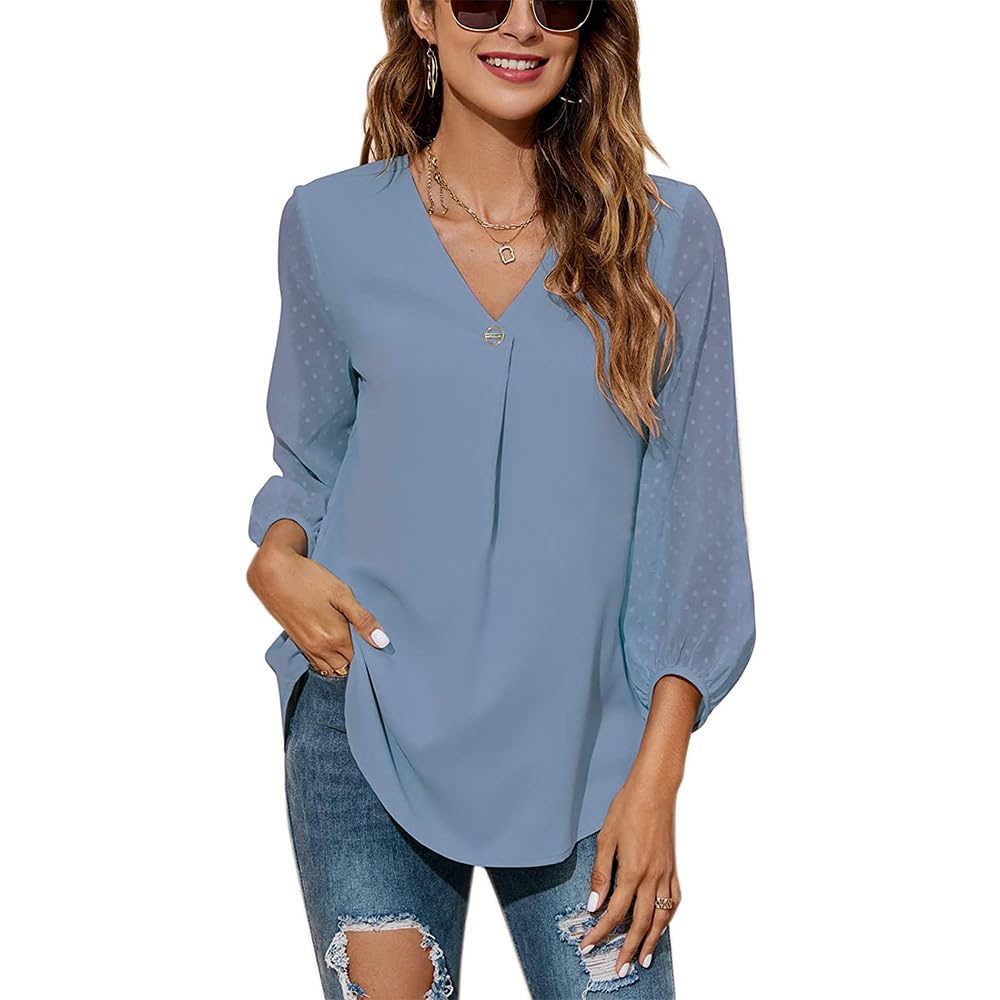 QKEPCY Blusa Elegante de Mujer Camisa Cuello en V Informal de Lunares con Manga Larga Crop Top Transparente Suelto de Malla Camisa Casual para Primavera Verano