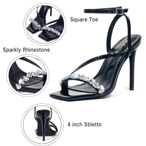 Image of Elisabet Tang Women's Crystal Stilettos Heeled Sandals, 4 Inch Square Open Toe Strappy Sexy High Heels Ankle Strap Buckle Heels for Party Wedding Dress Daily Wear Shoes