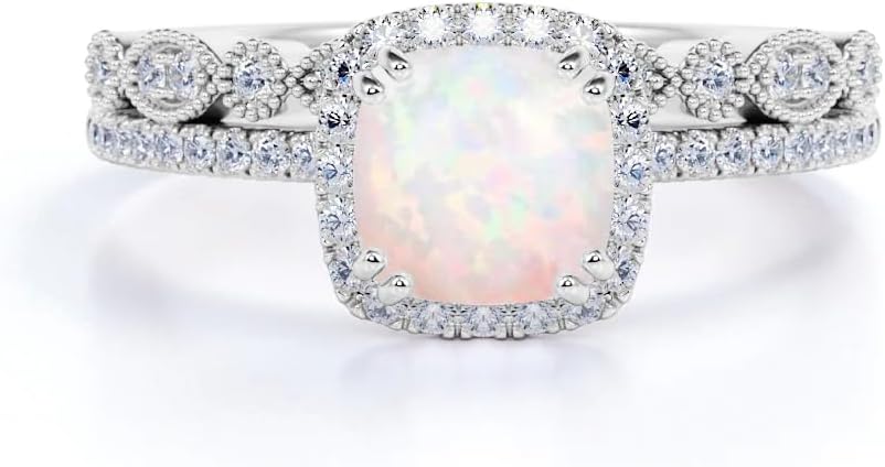 Center 1CT White Opal Wedding Ring Sets for Women 10K 14K 18K Real Gold Opal and Moissanite Bridal Sets Wedding Rings for Her