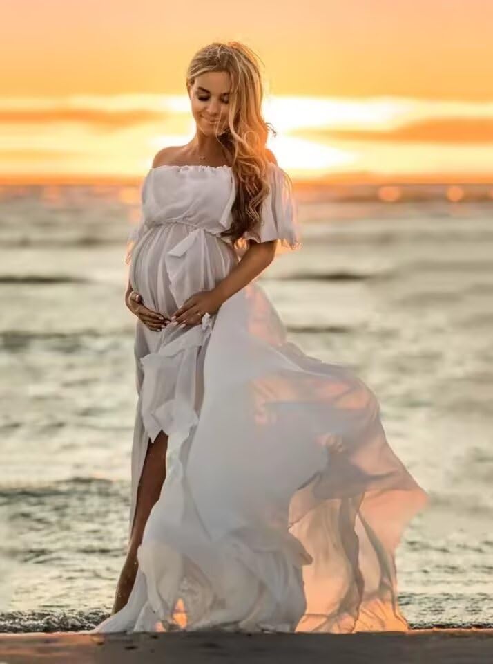Verngo Chiffon Maternity Dress for Photoshoot Off Shoulder Half Sleeve Ruffle Slit Baby Shower Bridal Pregnancy Gown4