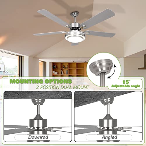 Image of hykolity 52 Inch Ceiling Fans with Lights (Integrated LED) Remote Control, Reversible Motor and Blades, ETL Listed, for Patio Living Room, Bedroom, Office - Brushed Nickel (5-Blades)