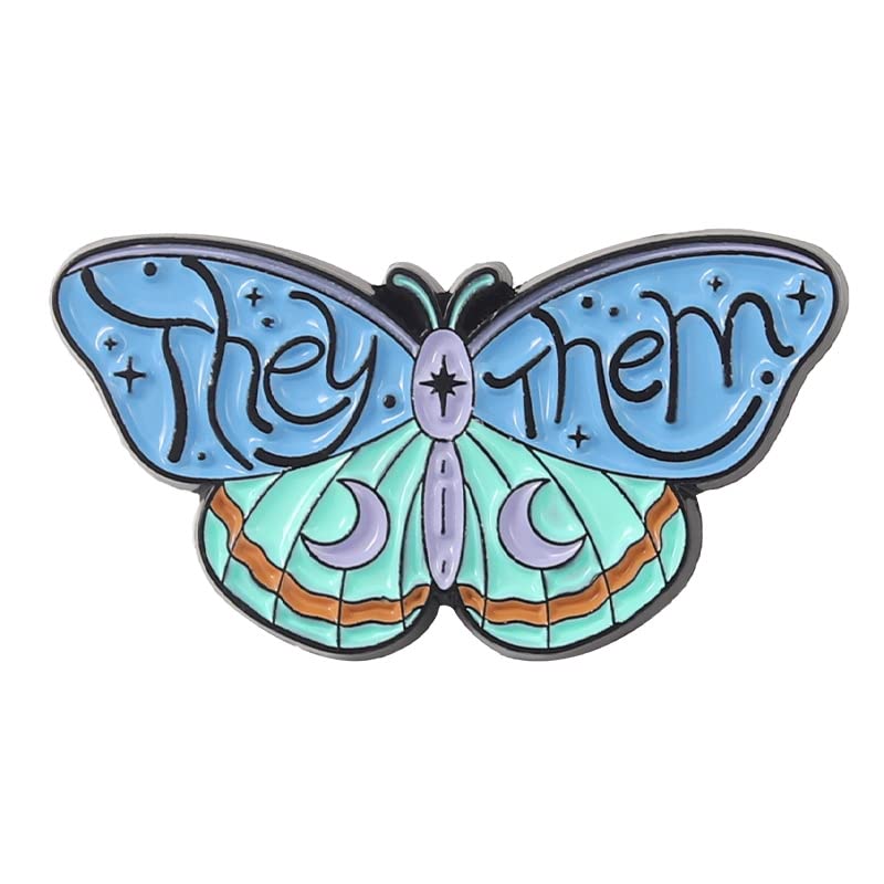 Image of LGBTQ Pronouns Cute Butterfly Pin - She They /He Him /They Them /She Her /He They Gender Identity Bulk Pins for Pride Parade, Daily Wear, Lapel, Hat, Backpack(Free 1pc Pride Sticker Included)