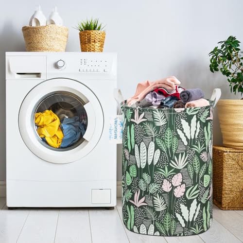 Image of Round Laundry Basket Collapsible Storage Hamper Organizer Full Leaf | Waterproof Canvas Foldable Baskets with sturdy Handles Multi-scene Organizer for Home Play Bedroom Gift Bin