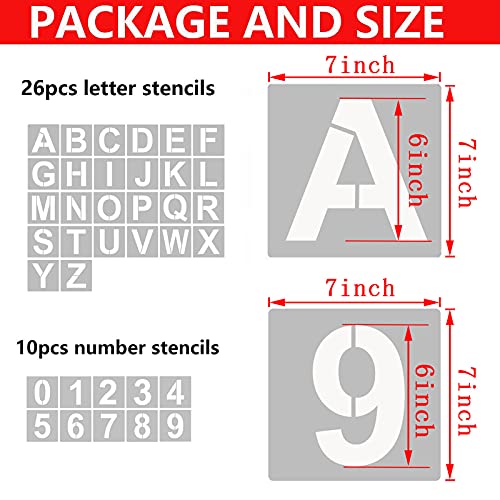 Image of 36 Pcs Letter Stencils and Numbers, Alphabet Craft Stencils, Reusable Plastic Stencils for Painting on Wood, Wall, Fabric, Rock, Chalkboard, Signage, DIY School Art Projects (7 Inch)