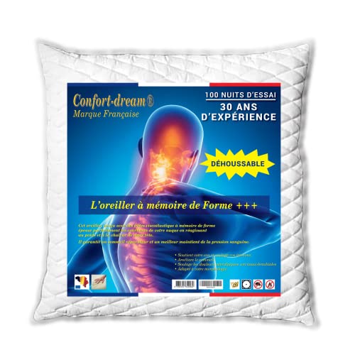 Confort-dream Oreiller Ergonomique Cervical 60x60 Oreiller Memoire Forme 60x60 Coussin de lit pour Dormir -déhoussable- Oreiller Ferme Qui Soulage Douleurs aux Cervicales ✪Marque Française✪ Garantie Cover