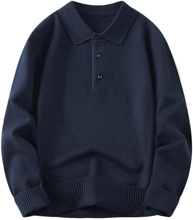 Mens Polo Collar Sweater Casual Thick Solid Color Loose Fit Autumn Winter Knitted Sweaters