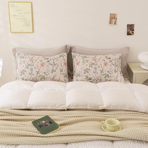 Image of ECOCOTT 2 Pack Floral Pillowcases Standard Size, 100% Washed Cotton Pillow Cases with Envelope Closure, Vintage Botanical Flower Printed Pillow Covers