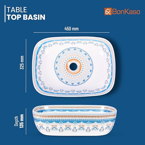 Image of Bonkaso Moroccan Designer Table Top Wash Basin | 45 x 32.5 x 13.5 cm Countertop Ceramic Bathroom Sink | Polished Modern Big Vanity Wash Basin for Bathroom & Living Room (Blue Pattern)