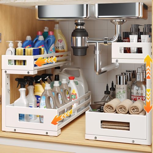 2-Pack 17"Deep Under Sink Organizer And Storage, 2-Tier L-Shaped Pull Out Cabinet Organizer with Upgraded Slide Rails, Height Adjustable Drawers for Kitchen&Bathroom, Extra-Large Storage ShelvesWhite