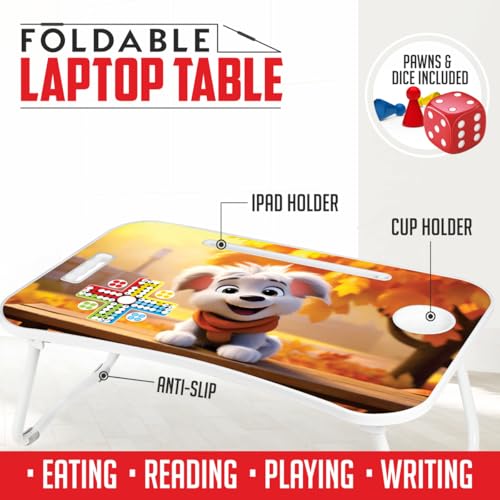 Image of Amazon Brand - Jam & Honey Foldable Laptop Table with Cup Holder & iPad Holder | with Ludo Dice and Pawns | Work Desk Accessories for Reading, Studying | Cute Dog | Engineered Wood, 60.6cm, 38.7cm