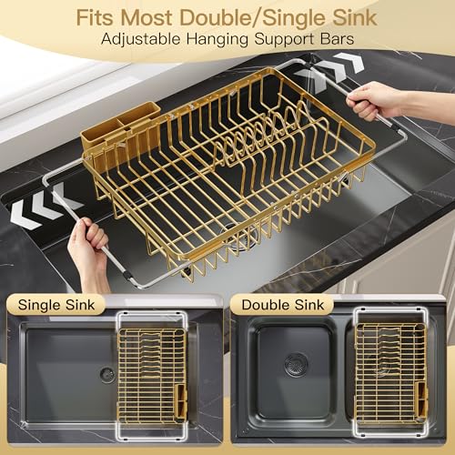 Image of JASIWAY Gold Dish Drying Rack Over the Sink with Utensil Holder