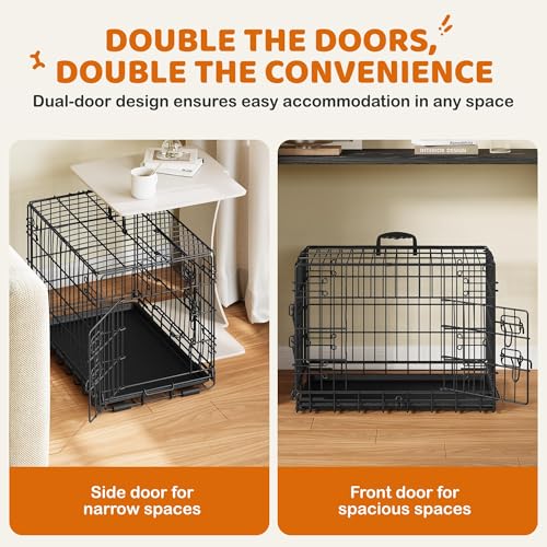Image of Yaheetech 24inch Double Door Dog Crate w /Divider, Collapsible Metal Kennel | Heavy-duty Sturdy Metal Frame, Easy Assemble, Fold Up for Travel, Removable Tray, Ideal for Puppies, Small Dogs