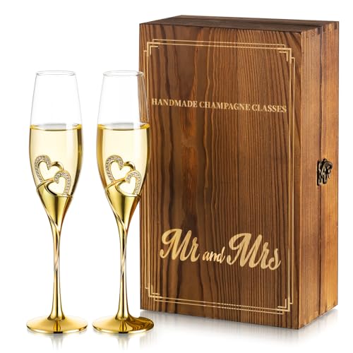Nuptio Calici Champagne Cristallo Matrimonio: Set di 2 Bicchieri Dorati, Confezione Regalo in Legno, Bicchieri Coppia Sposi, per Prosecco, Fidanzamento, Addio al Nubilato