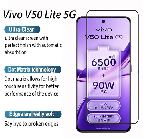 Image of Tempered Glass Screen Protector Compatible with vivo V50 Lite 5G Black Cellphone With Edge To Edge Coverage And Easy Installation Kit