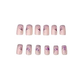 Press on Nails Medium Purple French Tip Fake Nails Glitter Square False Nails with Purple Flower Designs Glue on Nail Glossy Artificial Nails Acrylic Natural Stick on Nail for Women Girls 24Pcs