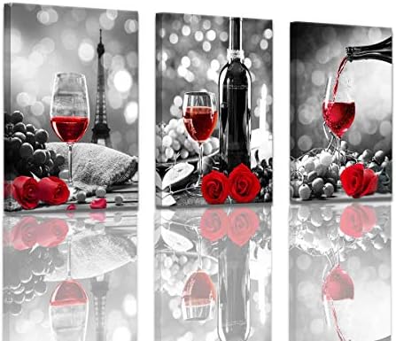 Wine Decor Kitchen Canvas Art Red Wine Rose Artwork for Home Walls Black and White With Red Wine Painting Printed Rose Art Dining Room Decor Red Kitchen Pictures Wall Decor Stretched 16x24inchx3