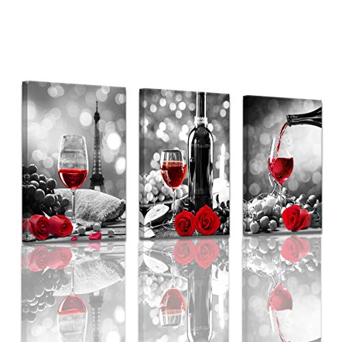 Wine Decor Kitchen Canvas Art Red Wine Rose Artwork for Home Walls Black and White With Red Wine Painting Printed Rose Art Dining Room Decor Red Kitchen Pictures Wall Decor Stretched 16x24inchx3