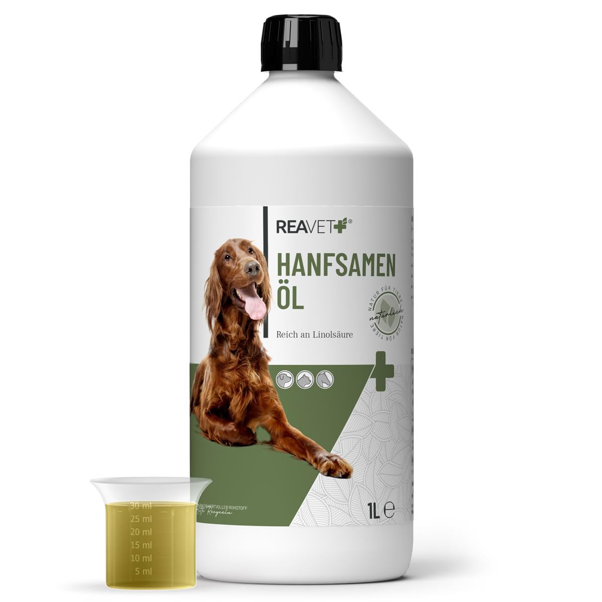 REAVET Olio di canapa pressato a freddo per cani e gatti, 1 litro, olio di barba, in qualità di olio alimentare, olio di mangime naturale, prodotto naturale senza additivi, senza additivi