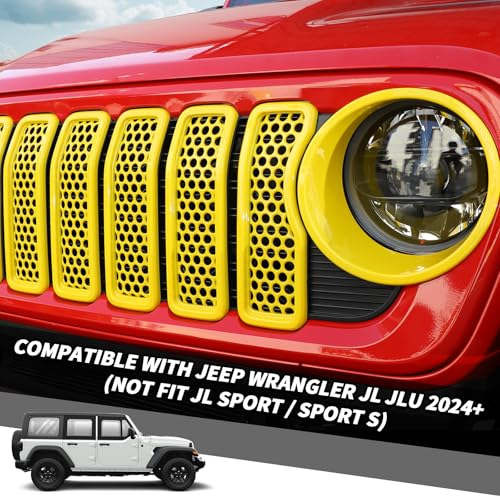 Image of 9PCS Headlight Cover & Front Grill Mesh Inserts Compatible with Jeep Wrangler JL JLU 2024+, NOT FIT JL Sport /Sport S (Yellow)