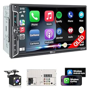 PLZ 7″ Wireless Double Din Car Stereo Apple Car Play Radio Carplay Android Auto QLED Touch Screen, Bluetooth 5.3 Audio Receivers, 1080P Backup Camera, 4.2 Channel Outputs 240W, 2 Subwoofer, FM/AM, SWC