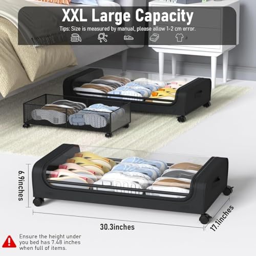 Image of Underbed storage box with wheels and lid Metal Frame Non-Woven Fabric use for home bedroom Rolling Organizer for Clothes Shoes Toys Blankets Space Saving Solution (PACK OF 1)