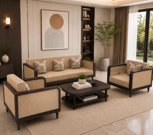 Image of Wooden 5 Seater Sofa Set for Living Room | Solid Sheesham Wood Sofa Set 5 Seater for Living Room 3+1+1 | Rattan Cane Sofa Set 5 Seater (Walnut Finish)