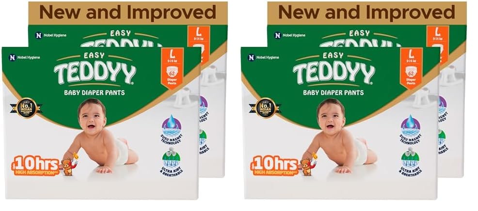 TEDDYY Baby Easy Large Diaper Pants 124 Count (Pack of 4), 9-14 kgs, 10 hrs Leak Protection, Anti - Bacterial