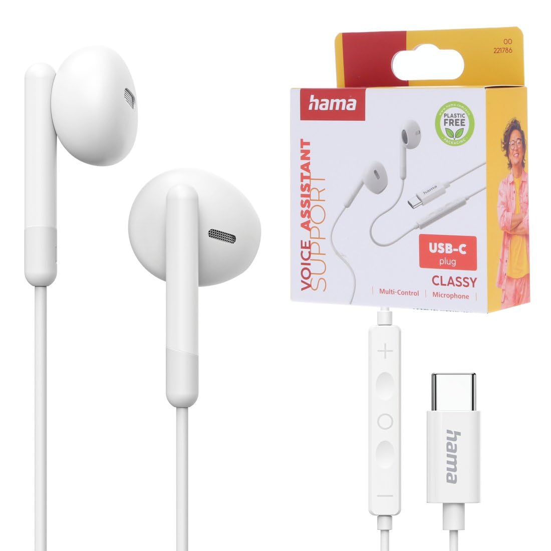 Hama, Classy Headphones, Earbuds, Microphone, Cable Kink Prot, USB-C, white