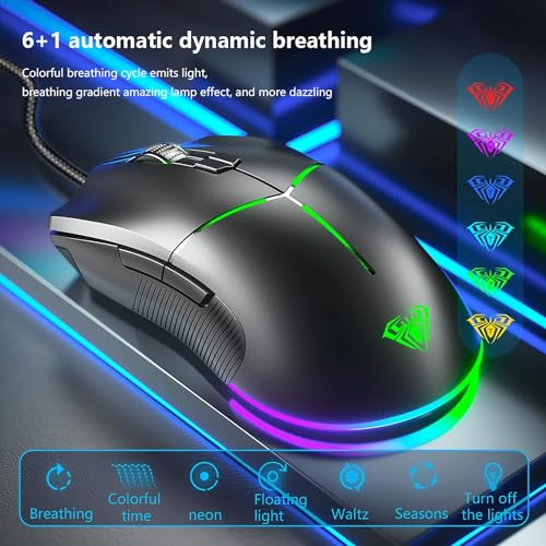 Image of AULA F820O Wired Optical Mouse with 8 Key | RGB Backlight, 6400DPI Wired Optical Mouse (USB 2.0 - Black)